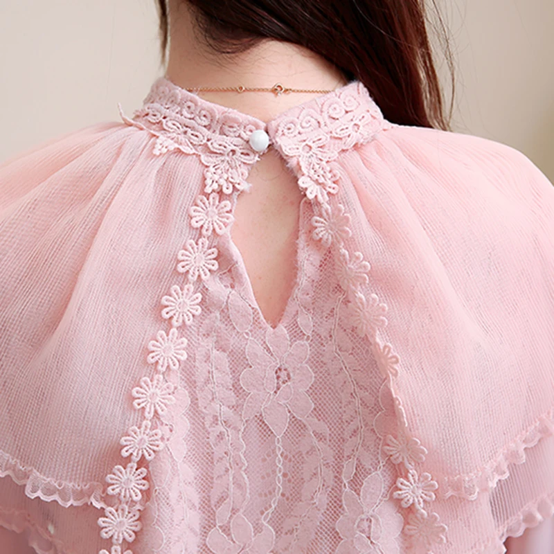 2019 Spring Chiffon Shirts Womens Long Sleeve Lace Blouses and Pullovers Patchwork Ruffles Elegant Ladies White Top Pink | Женская