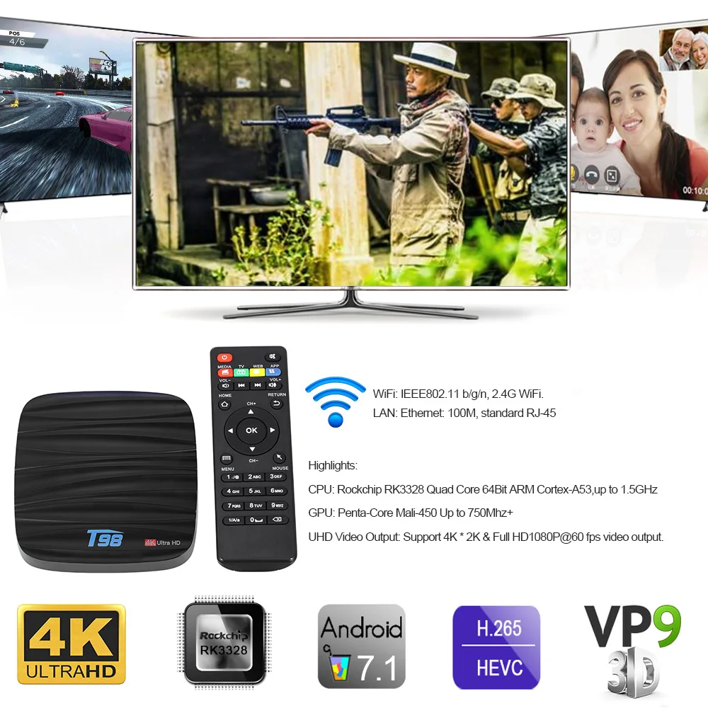 DN006 4 ядра RK3328 USB3.0 WiFi BT 0 Поддержка H.265 K HD Android 7 1 Smart ТВ коробка Декодер каналов