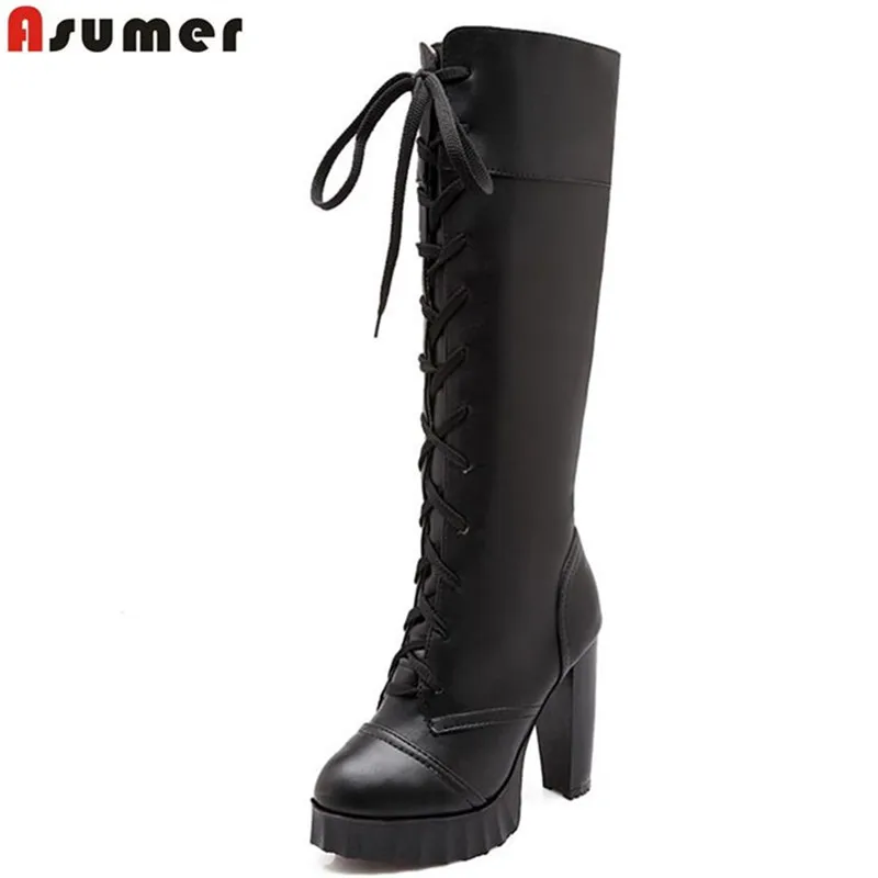 ASUMER/; Новое поступление; сапоги-казаки; модные сапоги до колена из искусственной кожи на шнуровке, с круглым носком, на квадратном каблуке; однотонная обувь на платформе