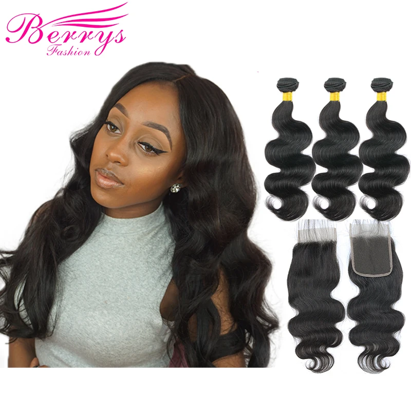 Перуанские объемные волнистые человеческие волосы 3 шт. пучки с кружевом 4x4