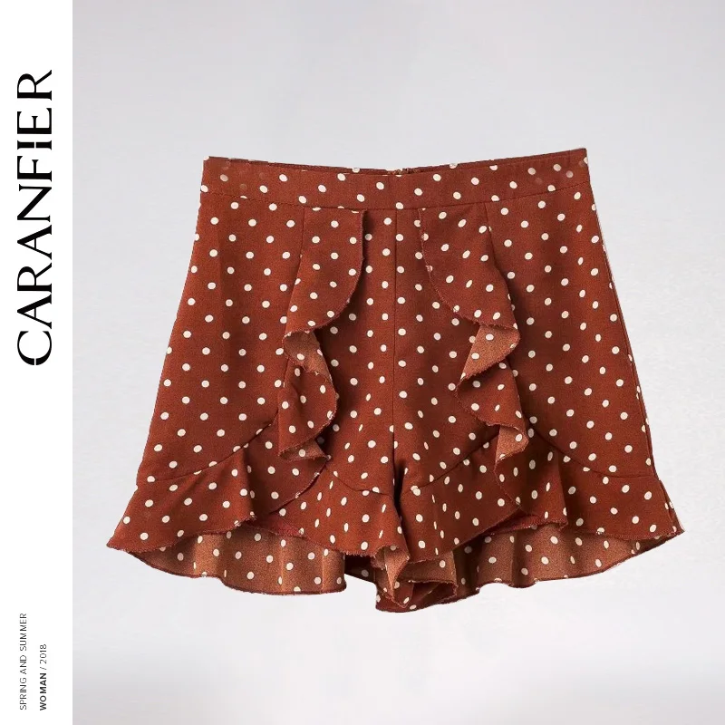 CARANFIER Shorts Women High Waist for Vintage Brown Ruffles Hemline Chiffon Sexy Ladies Summer Female | Женская одежда