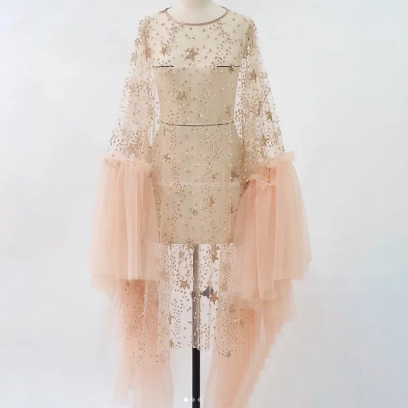 Pink CHICEVER, летнее лоскутное Женское пальто с блестками и сеткой, с круглым вырезом и оборками, тонкий женский длинный пуловер, одежда, новинка - Цвет: Pink