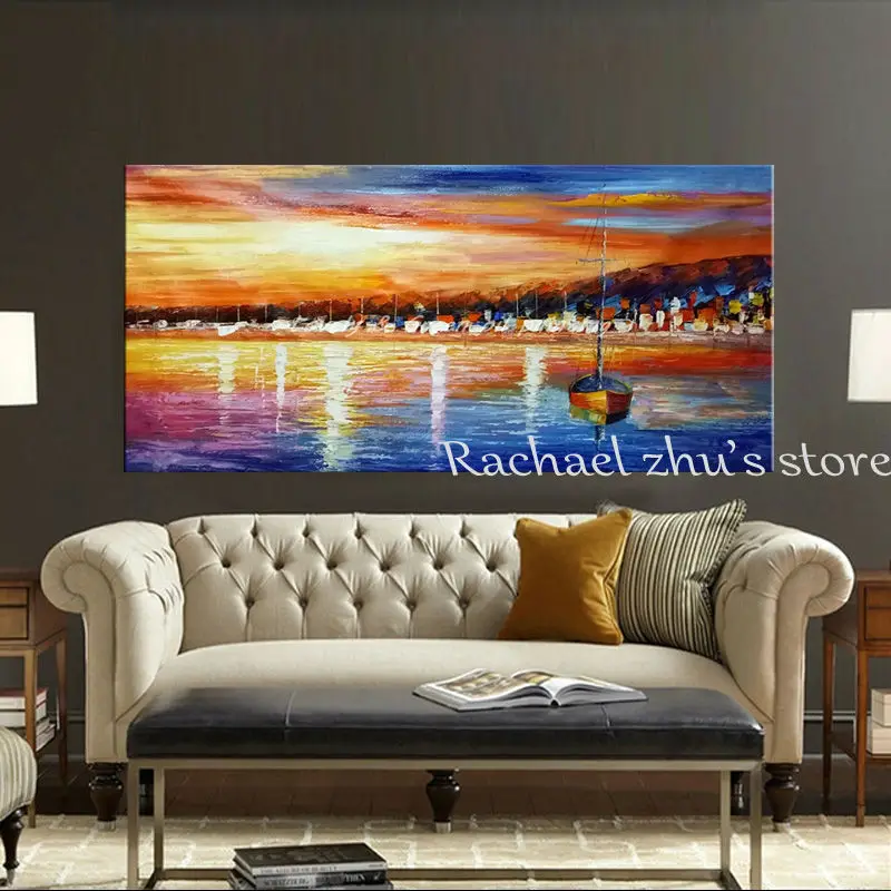 Большая Ручная роспись современные абстрактные морские лодки морской пейзаж