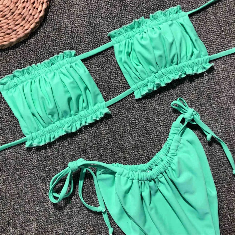 New Pleated Bandeau Brazilian Bikini 2021 Swimsuit Female Swimwear Women Two-pieces set Bather Bathing Suit | Женская одежда
