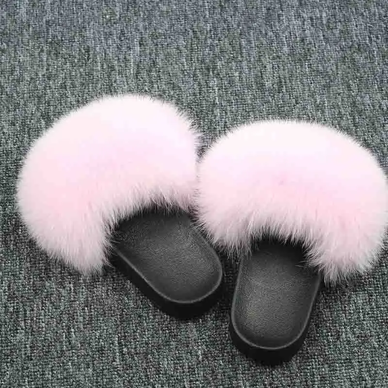 New Real Fox Fur Slippers Women Home Fluffy Sliders Plush Furry Summer Flats Cut Ladies Shoes Large Hot Selling | Обувь