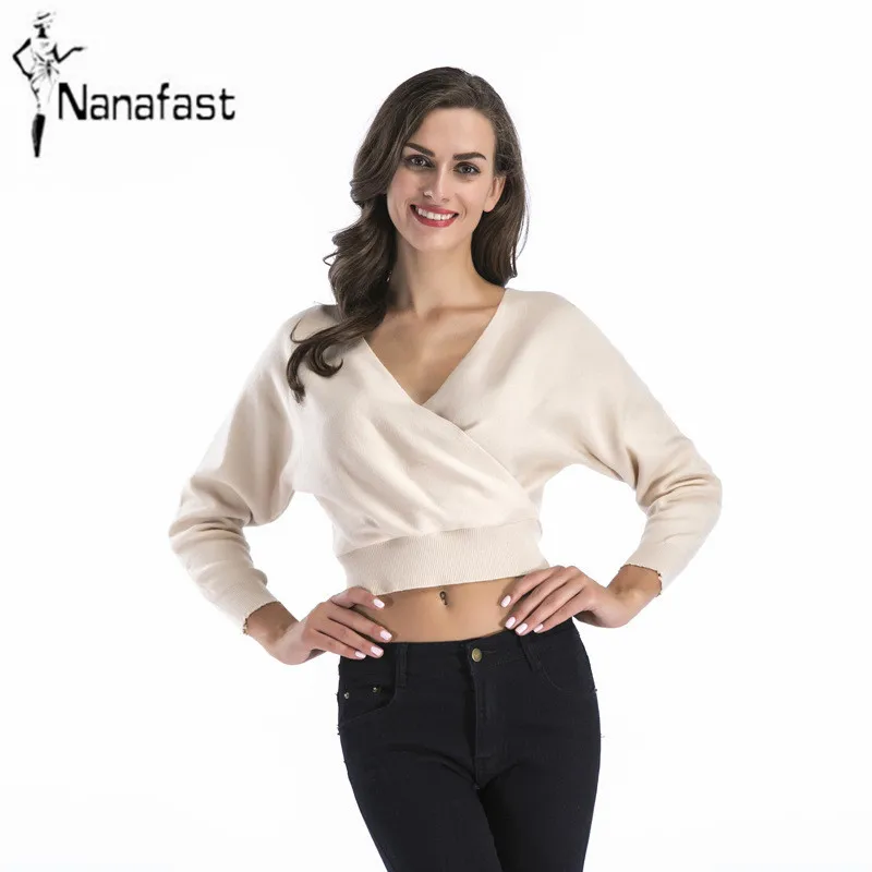 Batwing Sleeve Sexy Deep V-neck Sweater Knitted Pullovers for Women 2018 Spring Short Design Fashion Ladies Crop Tops | Женская одежда