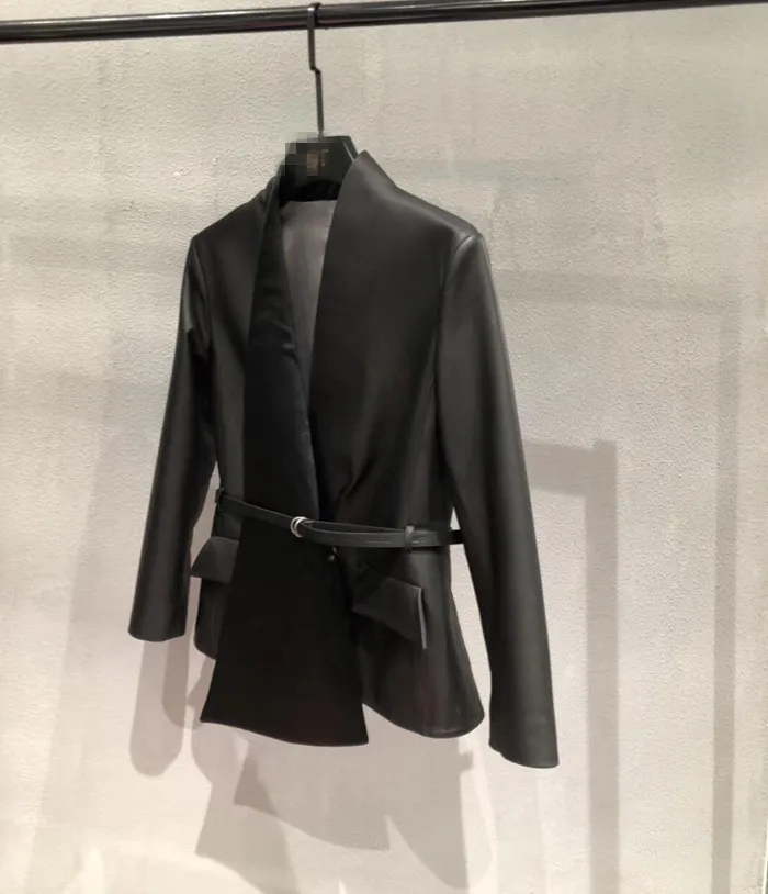 Женские пальто из натуральной овечьей кожи, женские куртки с v-образным вырезом, Ветровка из овечьей кожи, пальто с кожаным ремнем, украшение