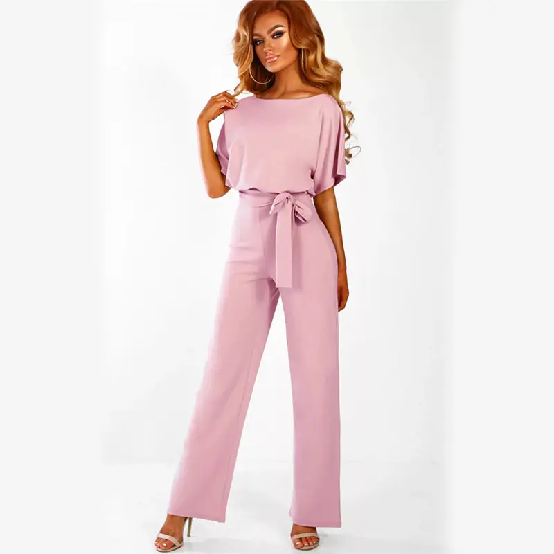 AF035 Pink Женский модный тонкий облегающий комбинезон с коротким рукавом, повседневный боди, Дамское винтажное боди-трико, длинный комбинезон, женский комбинезон с широкими штанинами - Цвет: AF035 Pink