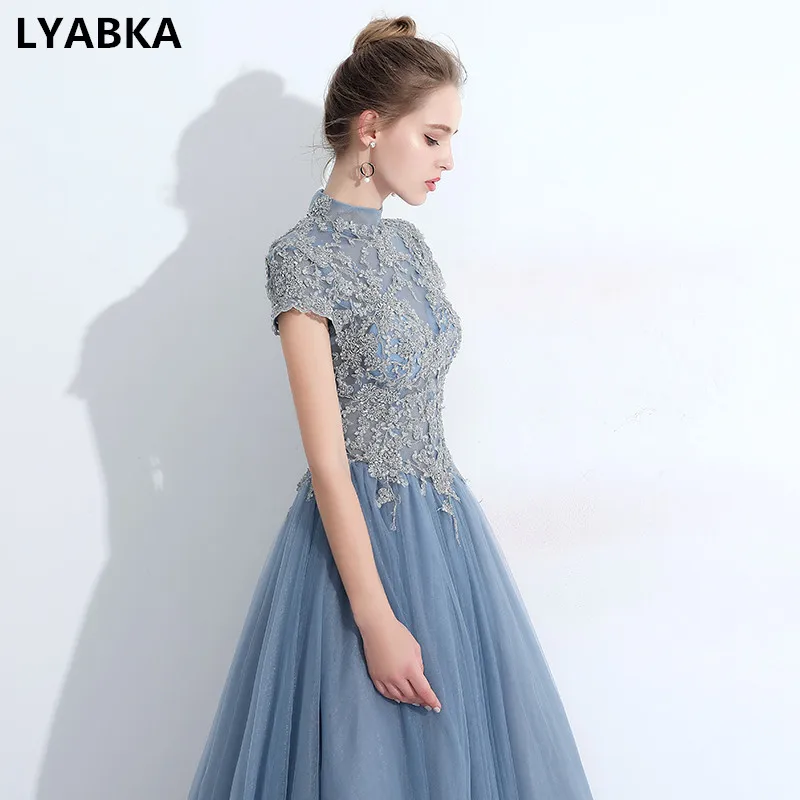 Вечернее платье длинное модное с высоким воротом коротким рукавом 2019|Вечерние