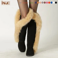 inoe real cow suede leather natural fox fur fashion over the knee winter snow boots for women long winer shoes flats black grey