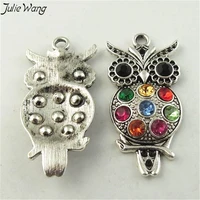 julie wang 8pcs tibetan silver tone color base black rhinestone eye colorful crystal decored owl shape cute animal pendant charm