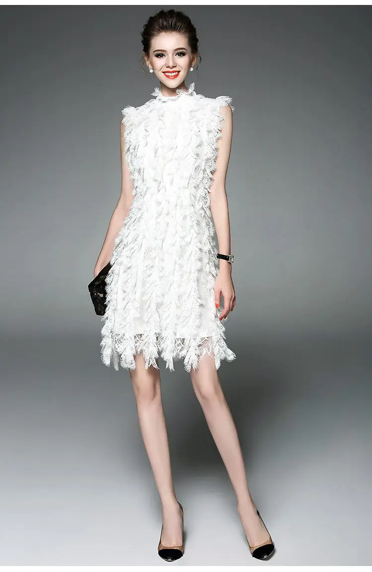 2017 New Fashion A-Line Summer High Qualit Black/White Solid Sleeveless Stand Slim Lace Tassel Dress Elegant Dresses Party | Женская