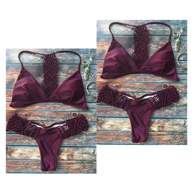 

Женский бандажный купальник из двух предметов, бордовый комплект бикини пуш-ап с низкой талией, бандажный купальник, пляжная одежда