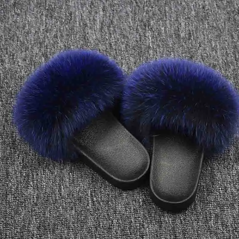 New Real Fox Fur Slippers Women Home Fluffy Sliders Plush Furry Summer Flats Cut Ladies Shoes Large Hot Selling | Обувь