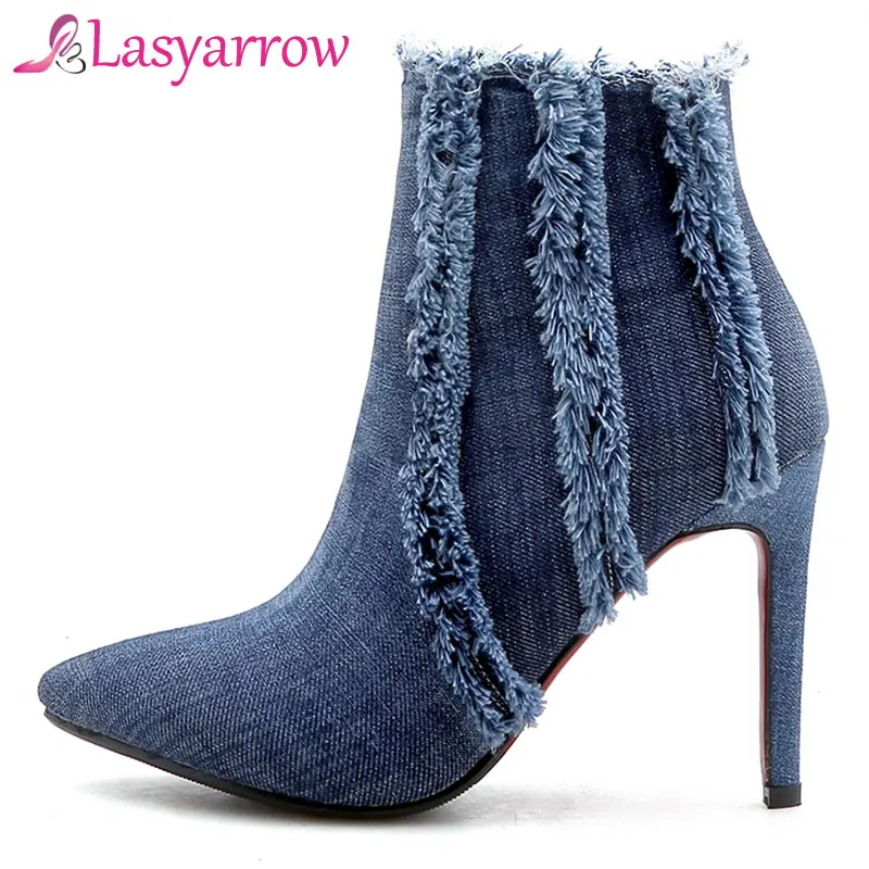 Lasyarrow 2018 Fashion Denim Ankle Boots Blue Lady's Tassel Pointed Toe Stilettos High Heels Autumn Winter Fringe Shoes Women | Обувь