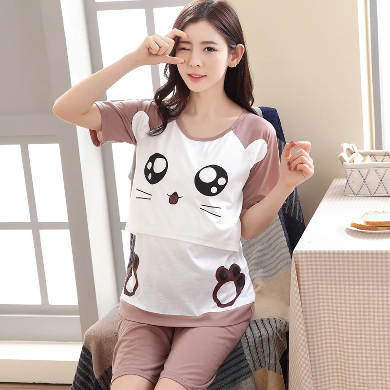 Хлопковая одежда для беременных из 2 предметов Пижама кормящих Милая летняя