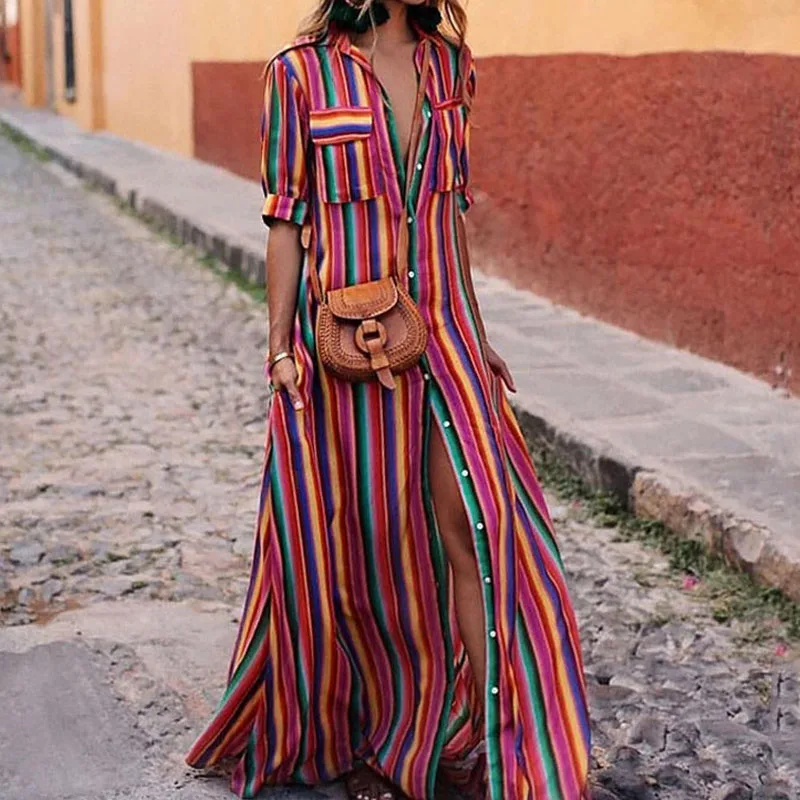 Разноцветное пляжное платье с длинным рукавом длинное в полоску отложным