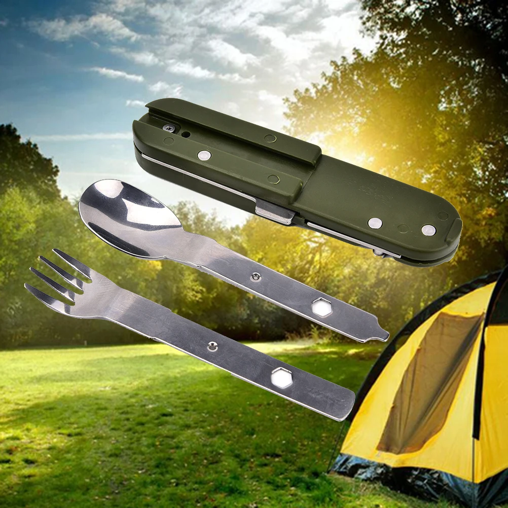 

Green Folding Portable Stainless Steel Camping Picnic Cutlery Knife Fork Spoon Bottle Opener Flatware Tableware Travel Kit
