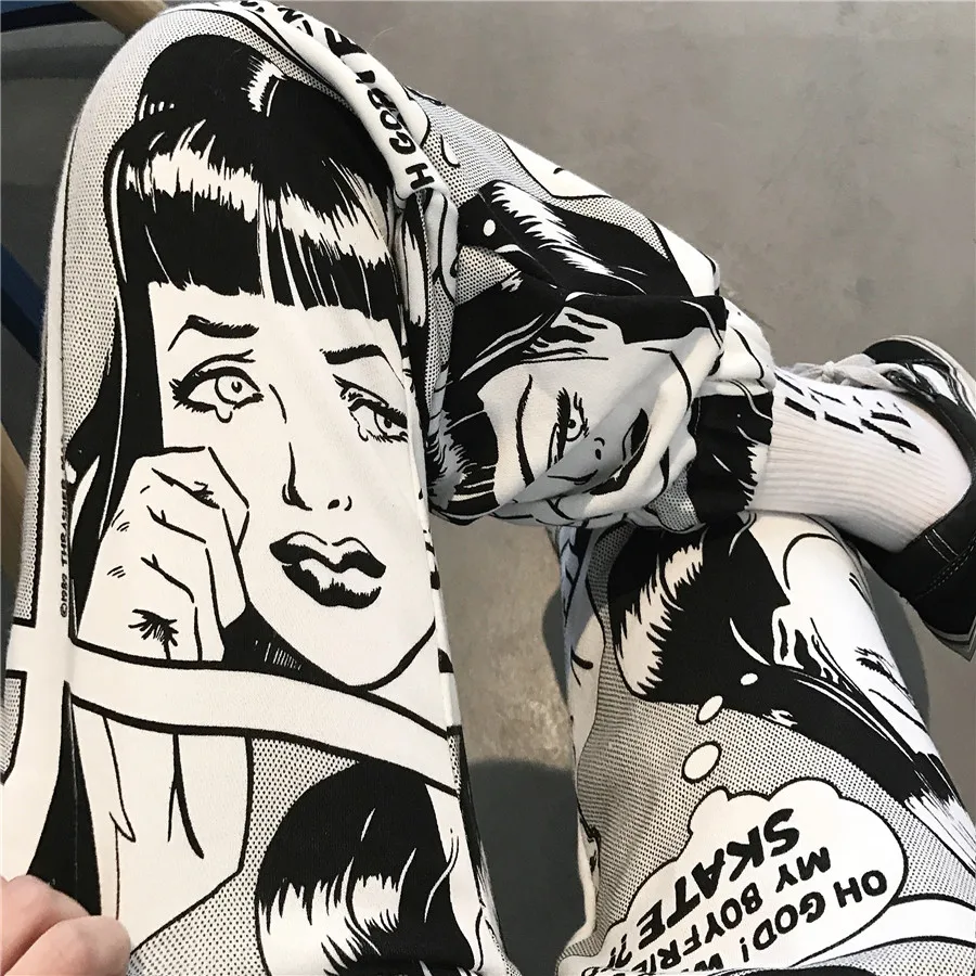 

Streetwear Harem Pants Women Harajuku Cartoon Print Ankle-Length Trousers Female Bunch Legs Drawstring High Waist Pants Plus Siz