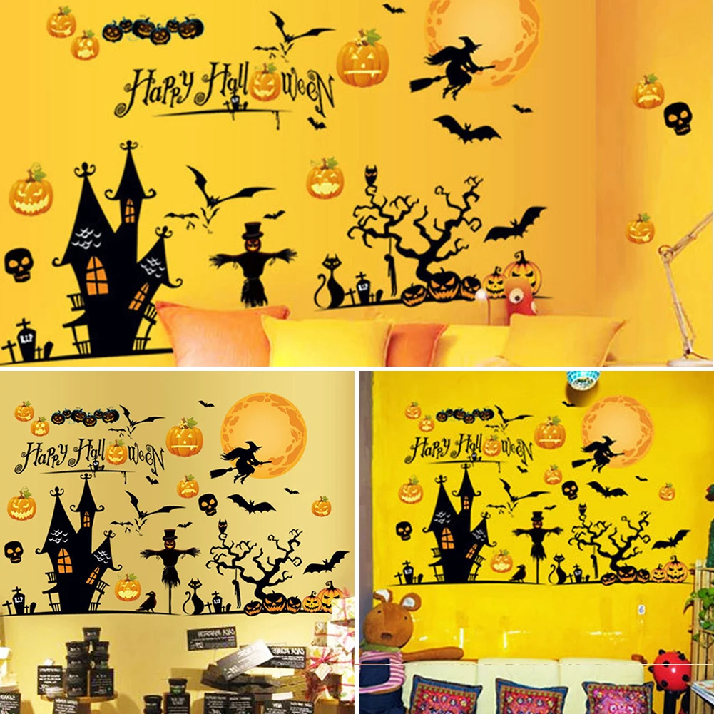 Modern Fantasy Eye-Catching PVC Halloween Wizard Pumpkin Light Wall Stickers for Bedroom Hotel Decoration | Дом и сад