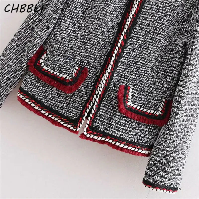 CHBBLF vintage tweed клетчатая куртка пальто кисточкой карманы украсить Длинные рукава