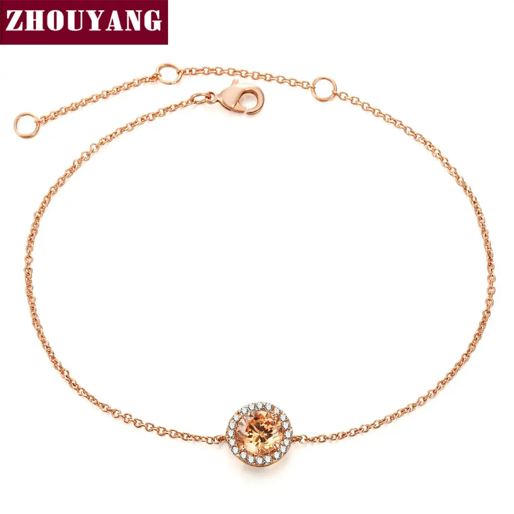 ZHOUYANG браслет для женщин с круглой огранкой, микро мозаика цвета шампанского, AAA+ кубический цирконий, цвет розового золота, подарок, модное ювелирное изделие, H168
