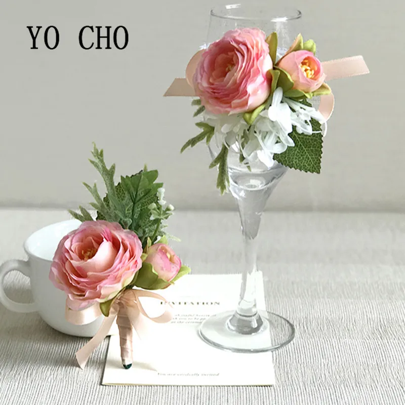 

YO CHO 2018 New Style Bridal Groom Corsage Brooch Flower Bridesmaid Sisters Hand Flowers Artificial Wedding Party Decor Flower