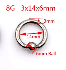 8G 3x14x6mm 1 шт., большие размеры, кольца из нержавеющей стали в плену, кольца для бровей, BCR, трагус, серьги, кольцо для носа, застежка, ниппель, пирсинг, ювелирные изделия - Окраска металла: 8G 3x14x6mm