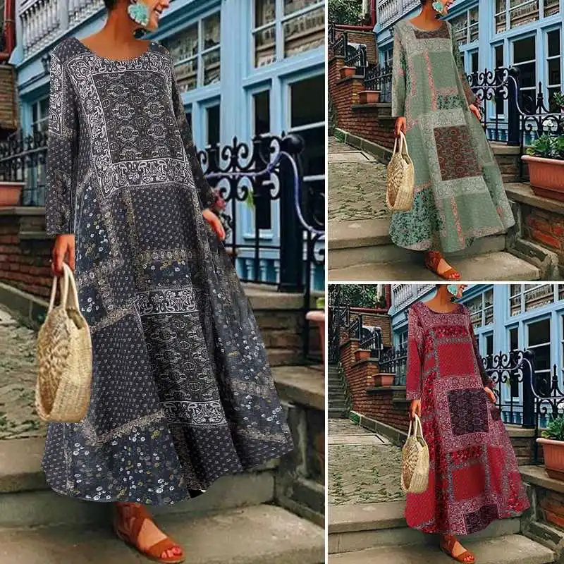 ZANZEA Women Autumn Vintage Floral Printed Long Dress Cotton Linen Sundress Robe Femme Long Sleeve Loose Maxi Vestido Plus Size