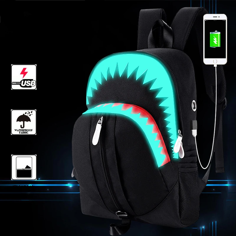 Luminous shark School Backpack boys SchoolBag Children Bags for Teenage student usb functional Backpacks Travel bag Bolsa | Багаж и сумки