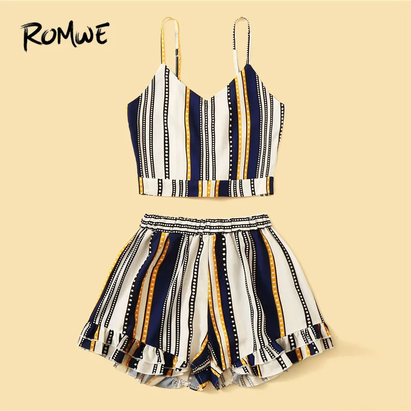 ROMWE Striped Back Tied Knot Cami Top With Wide Leg Shorts Woman Sets Crop Vest And Ruffle Hem Shorts Two-Piece Boho Co-ords