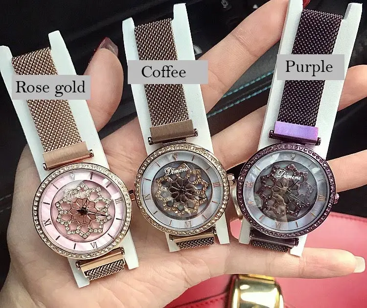 

2019 Top Brand Luxury Watch Women Stainless Steel Mesh Designer Women Dress Watch Rotating Flower Face Women Watches Quartz