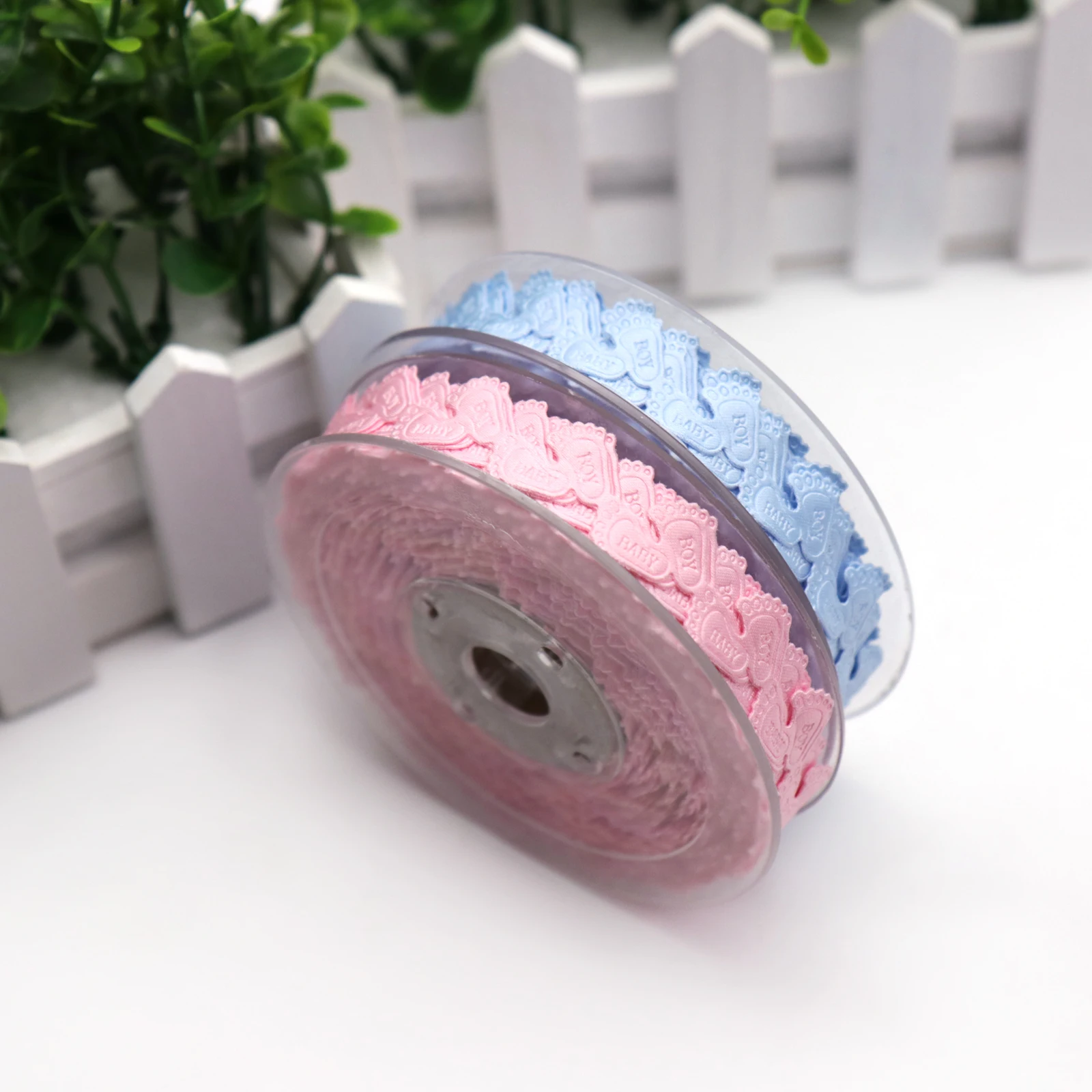 Baby Shower 15 мм 5 ярдов Розовая/синяя лента для ног ребенка Упаковка подарков на день
