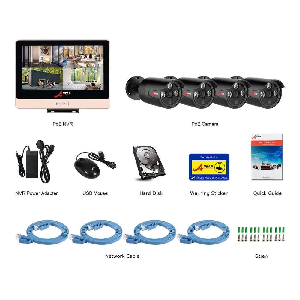 ANRAN P2P 1080 P HDMI 4CH POE NVR 12 дюймов ЖК-дисплей Экран массив система наблюдения с инфракрасными датчиками IP Камера дома POE IP CCTV Системы с жестким диском