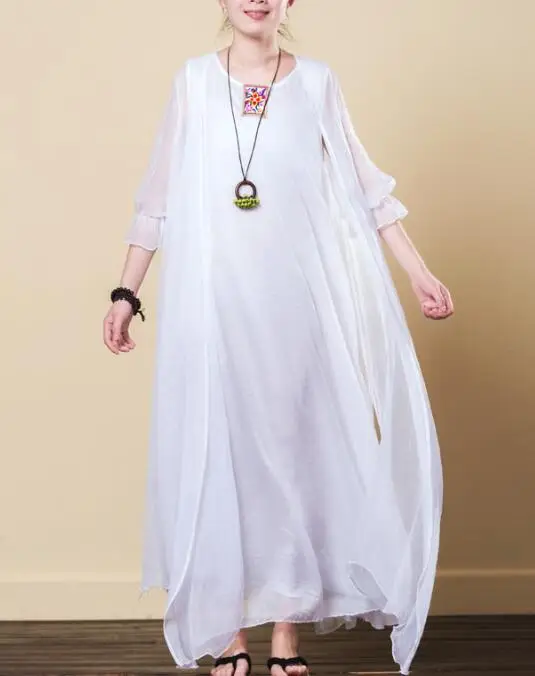 Elegant Temperament Women Long Dress 2022 New Summer Silk Exquisite Embroidered Simple Round Collar chiffon Loose Vest Dresses | Женская