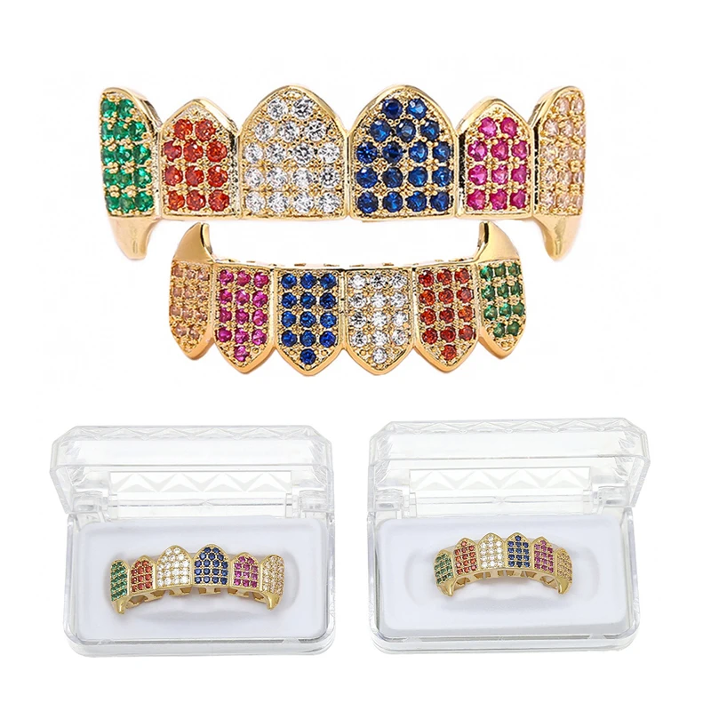 

TOPHIPHOP New Fangs Hiphop Colorful AAA Cubia Zircon Gold Vampire Teeth Grillz Grills