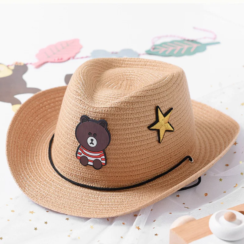Новая детская соломенная Кепка Детская летняя шляпа от солнца милый медведь
