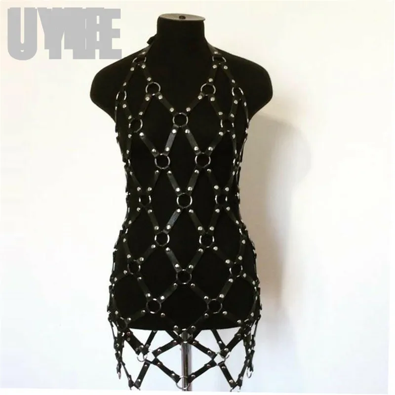 Black UYEE пояс из искусственной кожи, ремень для юбки в стиле панк, готика, рок, пояс с заклепками, пояс для связывания тела, ремень с полым ремнем, регулируемое платье, LD-001 - Цвет: Black