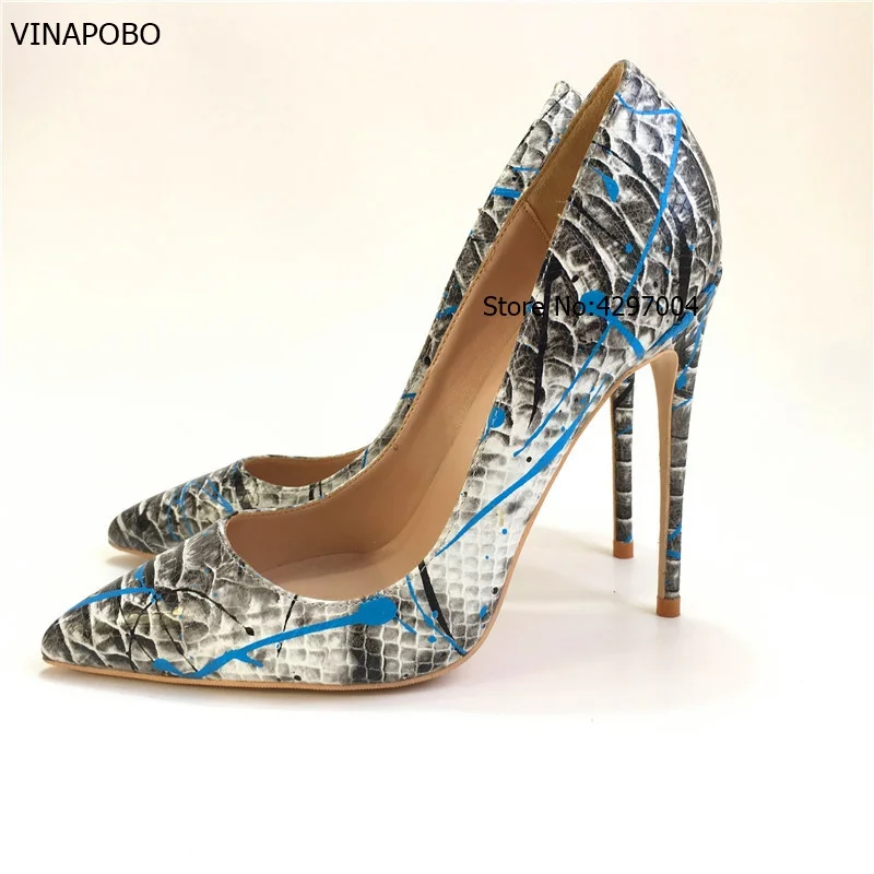 Vinapobo Top Quality python Snake Printing Women High Heels 2018 NEW Fashion Party Wedding Blue Sexy patry Shoes Size 43 | Обувь