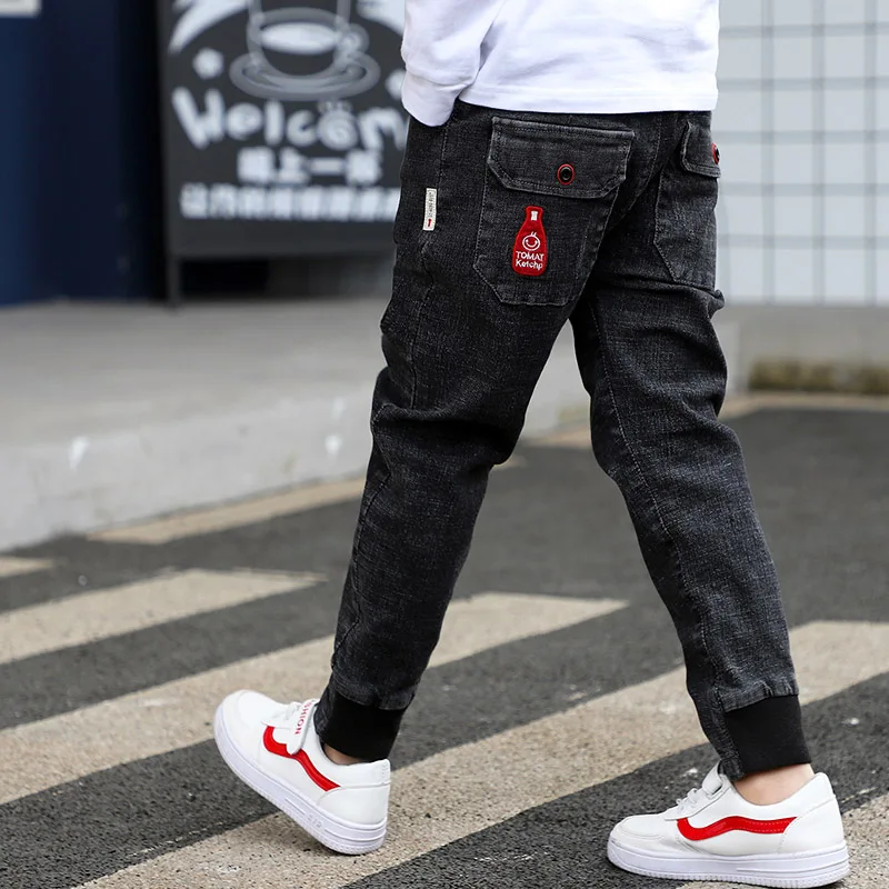 

2019 Big Boy's Jeans Cotton Fashion Teen-age High Quality boy pants Elastic Trousers Full Length Appliques Size 100-160