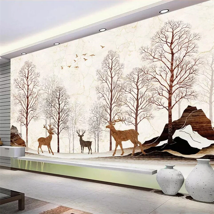 

beibehang Custom wallpaper 3d Nordic marble moose deer forest minimalist TV background 5d corrugated wallpaper 8D crystal murals