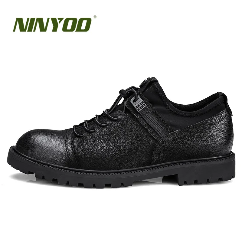 NINYOO Autumn Men's Casual Shoes Genuine Leather Wearproof Black Martens Convenient Shoelace High-end Retro Brand For Man | Обувь