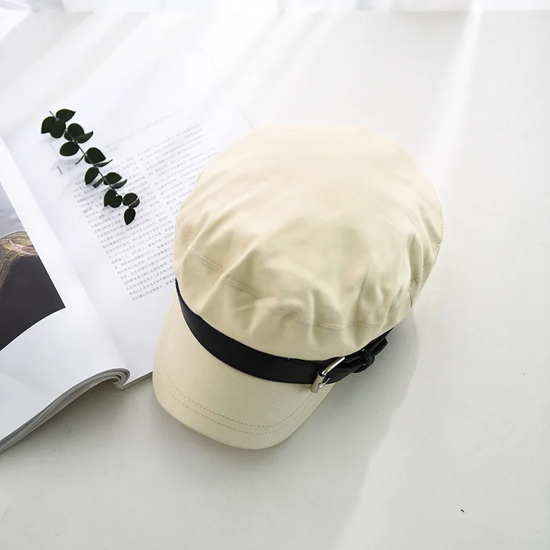USPOP 2019 New women newsboy caps belt decoration cap flat top cotton visor female warm autumn winter hat |