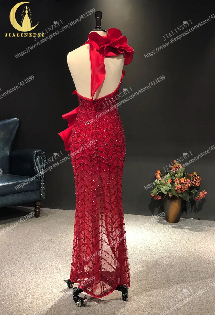 

JIALINZEYI Real Picture Sexy Luxurious Red Halter Beads Beadsa Dance Dresses Party Evening Dresses