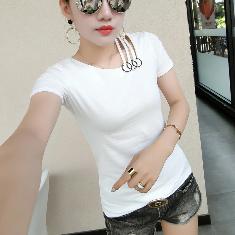 White tshirt Корейская Модальная хлопковая неравномерная футболка с открытыми плечами Летняя женская футболка с коротким рукавом черная белая T96706 - Цвет: White tshirt