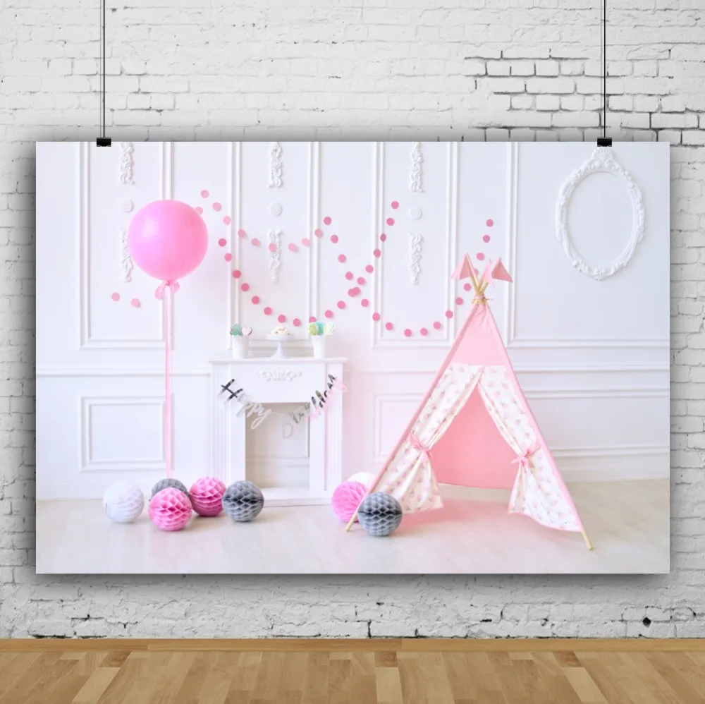 Laeacco Photo Backdrops Pink Chic Wall Balloons Tent Fireplace Dessert Floral Baby Birthday Party Backgrounds Studio | Электроника