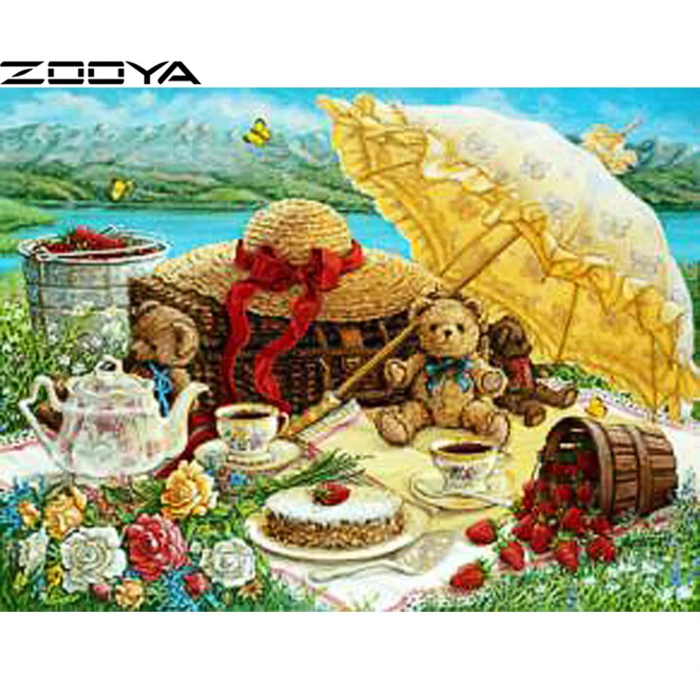 

Diamond Embroidery Cross-Stitch Kits 5d DIY Diamond Painting Teddy Bear Picnic Yellow Umbrella Embroidered With Rhinestones R662