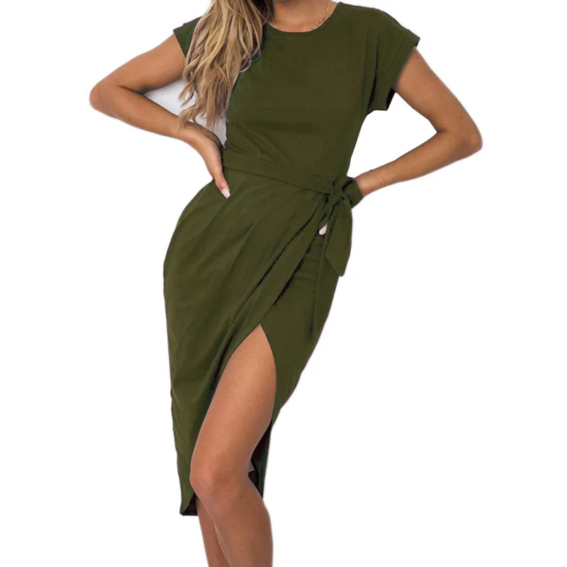 Summer Women Split Wrap Dress Mini Asymmetrical Casual Cotton Short Sleeve O-neck Female Sexy Sundress GV771 | Женская одежда