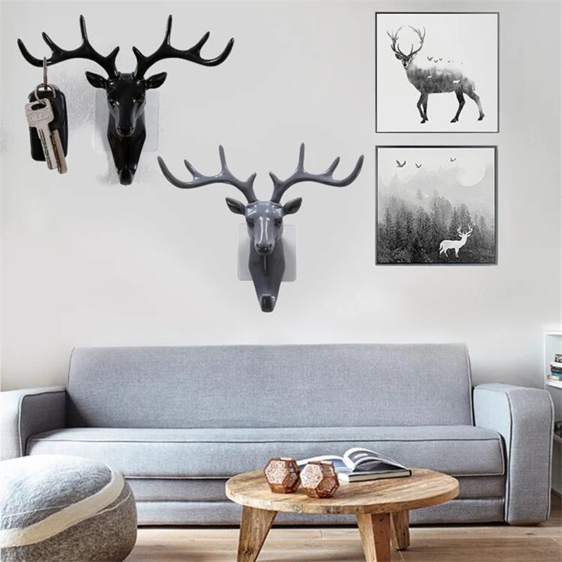 Черный рожок оленя настенный крюк 3D голова лося вешалка для дома Настенный