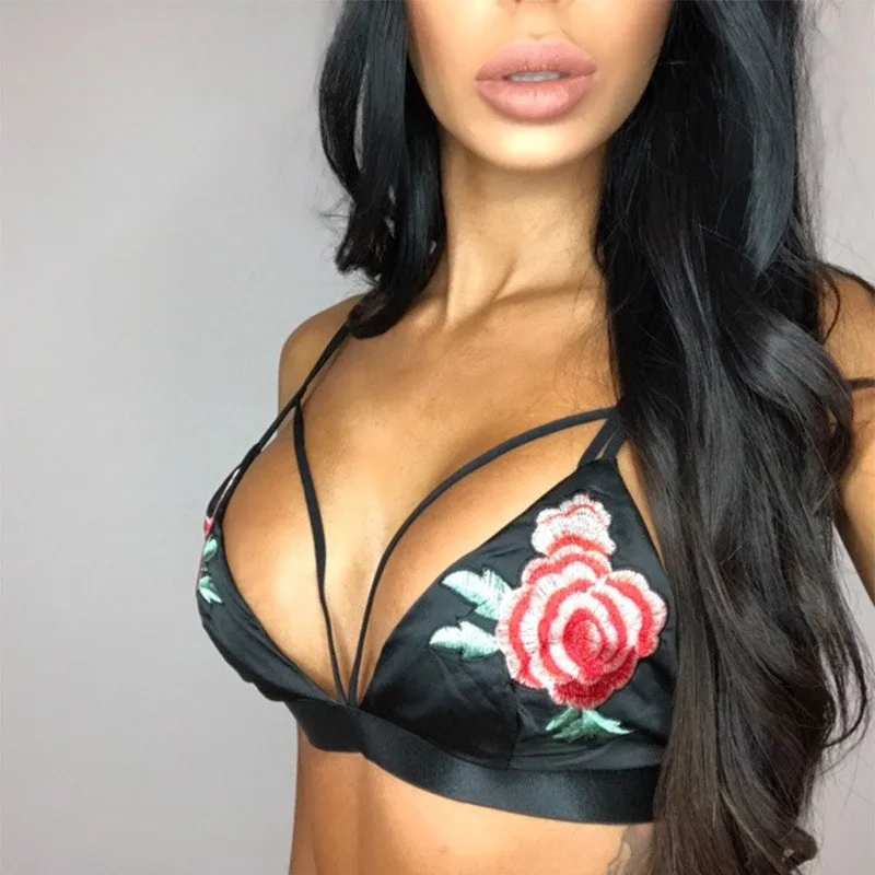 Пикантные атласные Черный Push Up Bra Для женщин белье Вышивка Strappy Глубокий V Wirefree